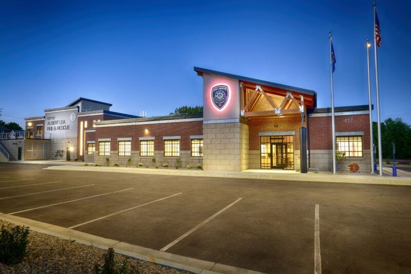 Albert Lea Fire and Rescue view of the outside of the building at night